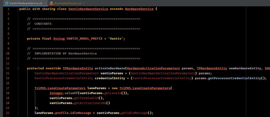 A downstream class, with broken symbols to classes within it's package